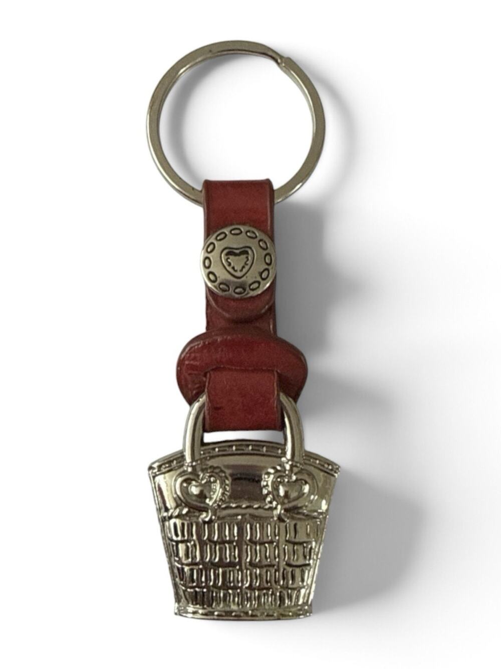 Brighton Keychain Key Ring Silver Purse Basket Heart Red Leather Strap 3.5”